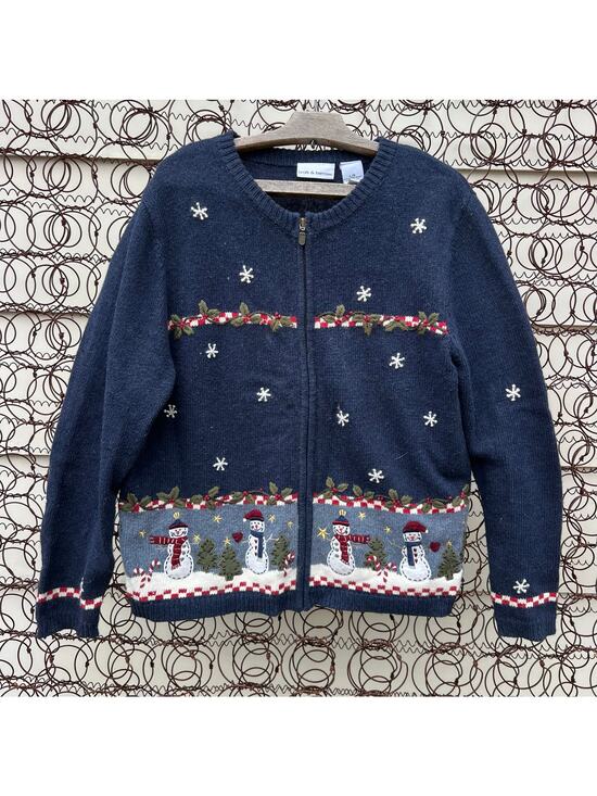 Vintage Sweaters - Vintage Croft and Barrow Blue Americana Snowman Winter Christmas Cardigan LARGE